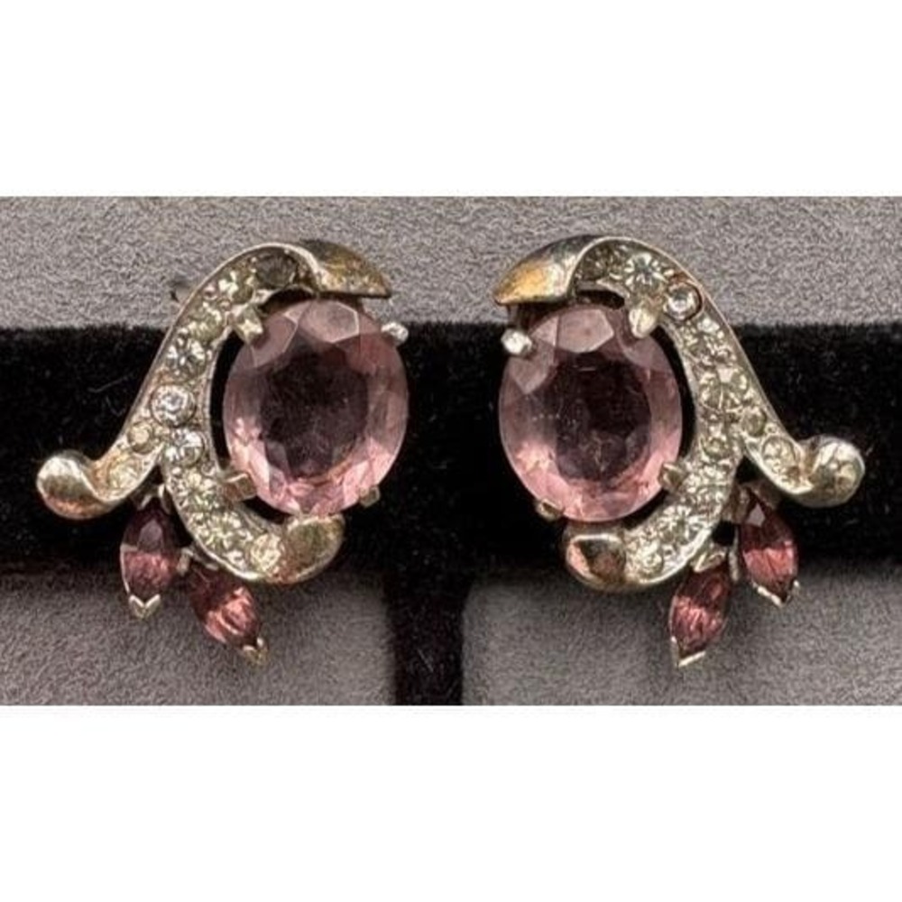Vintage Mazer Jomaz Earrings Sterling Silver Clip Purple Clear Rhinestones 1"